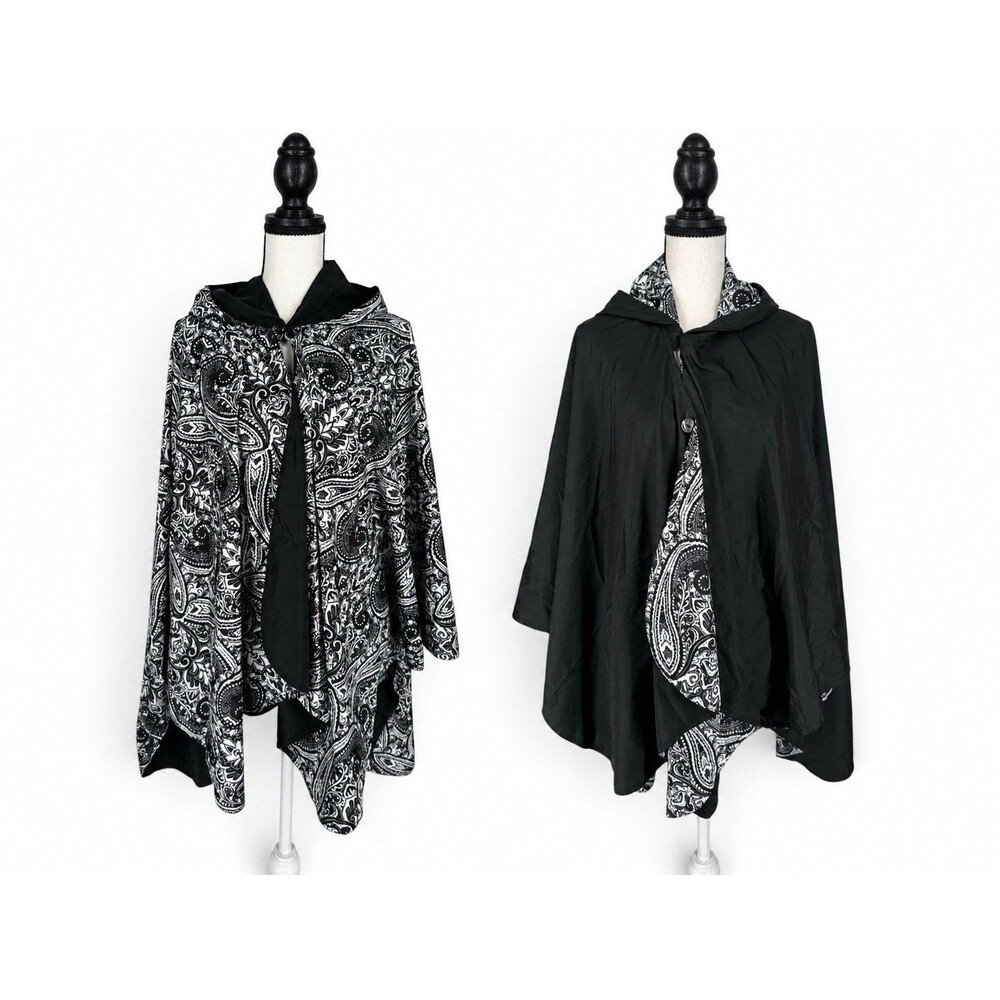 RainCaper Rain Caper Reversible Hooded Cape Jacket – Black & White Paisley O/S